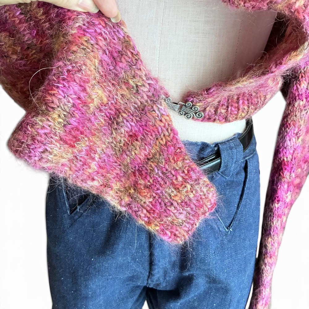 Hand Knit Pink & Beige Mohair Cropped Bolero Shrug Sweater S/M - Picture 4 of 10